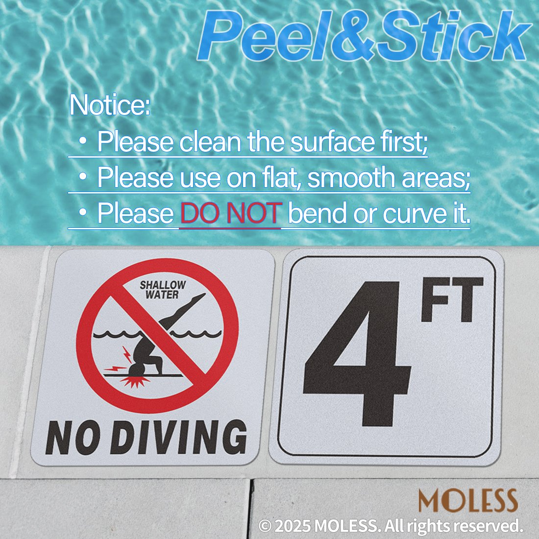 MOLESS NO DIVING Pool Safety Stickers – 6×6″ Anti-Slip Pool Markers