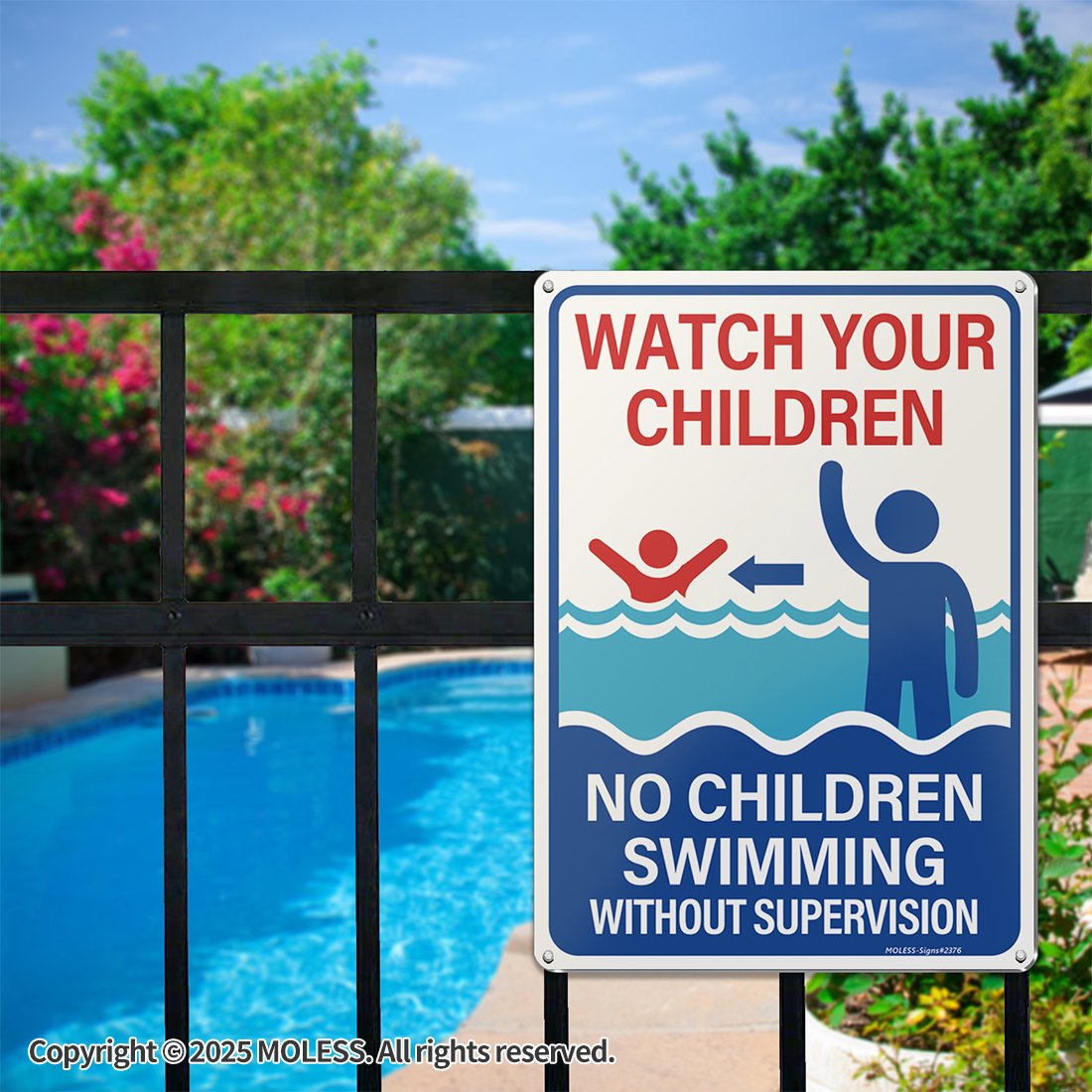 Pool Unsupervised Sign MOLESS 2 Pack 14×10 Inches Pool Safety Signs Bundle, “Watch Your ...