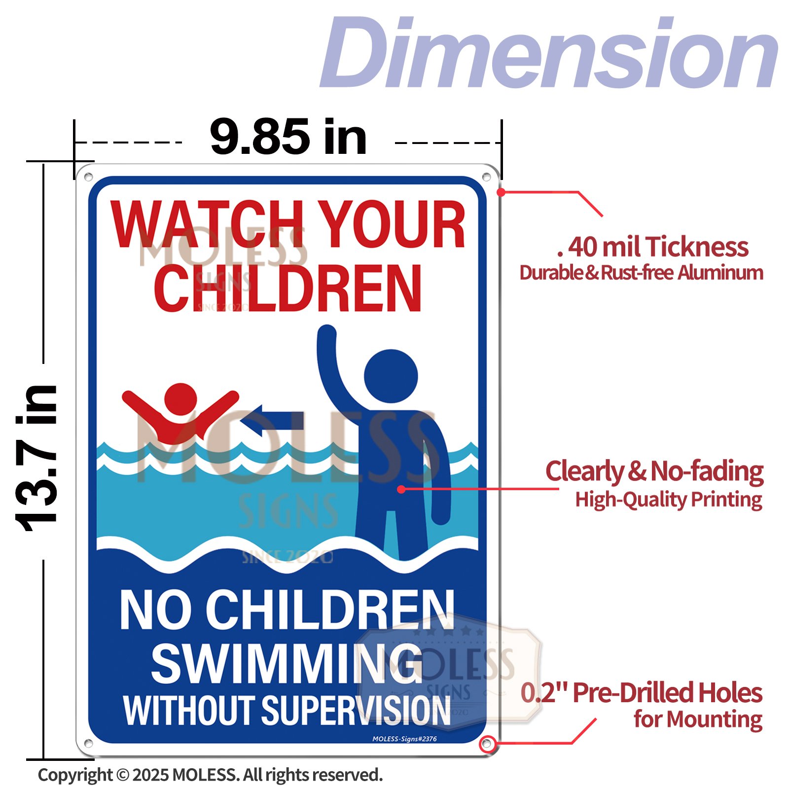 Pool Unsupervised Sign MOLESS 2 Pack 14×10 Inches Pool Safety Signs Bundle, “Watch Your ...