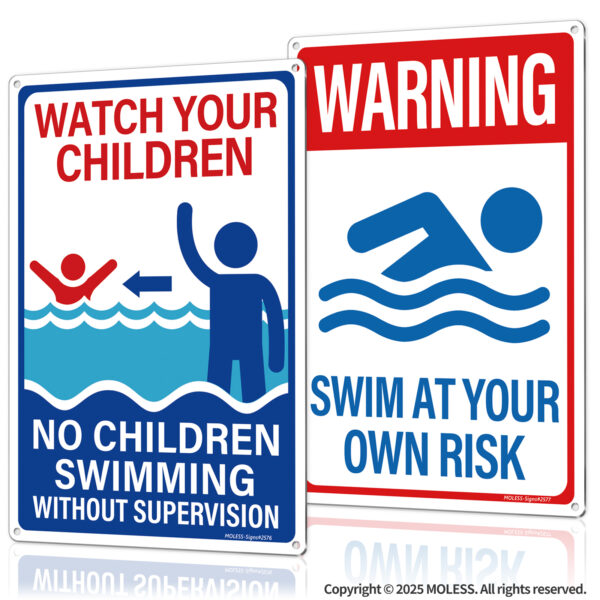 MOLESS 2 Pack 12x8 Inch Pool Safety Warning Signs, Watch Your Children & Swim at Your Own Risk Signs