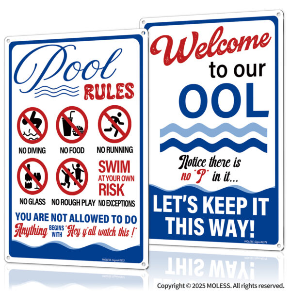 MOLESS 2 Pack 12x8 Inch Funny Pool Rules Signs, "Pool Rules" & "Welcome to Our OOL" Signs