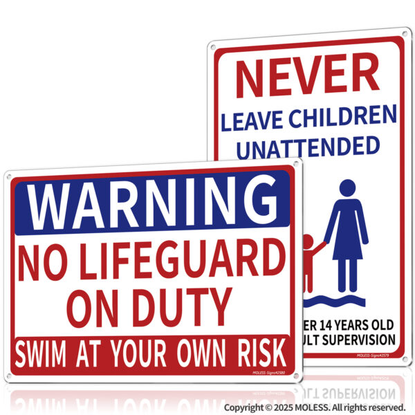 MOLESS  2 Pack 12x8 Inch No Lifeguard on Duty & Child Supervision Pool Signs, PSP-2502