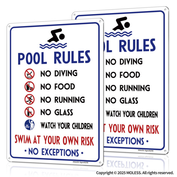 MOLESS 2 Pack 14x10 Inch Pool Rules Signs, No Diving, No Running, Swim at Your Own Risk