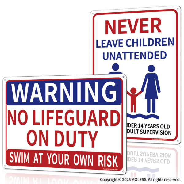 MOLESS 2 Pack 14x10 Inches Pool Safety Sign Bundle, "Never Leave Children Unattended" & "Warning: No Lifeguard on Duty"