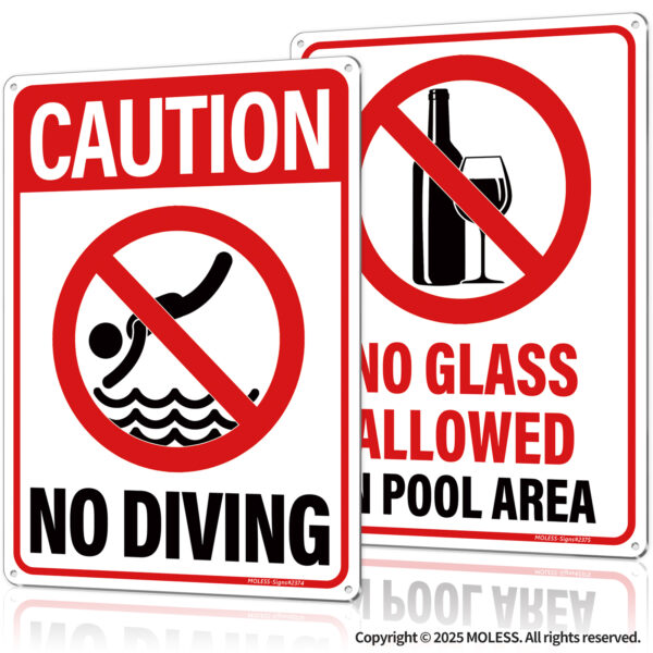 MOLESS 2 Pack14x10 Inches Pool Safety Signs, "No Diving" & "No Glass Allowed"
