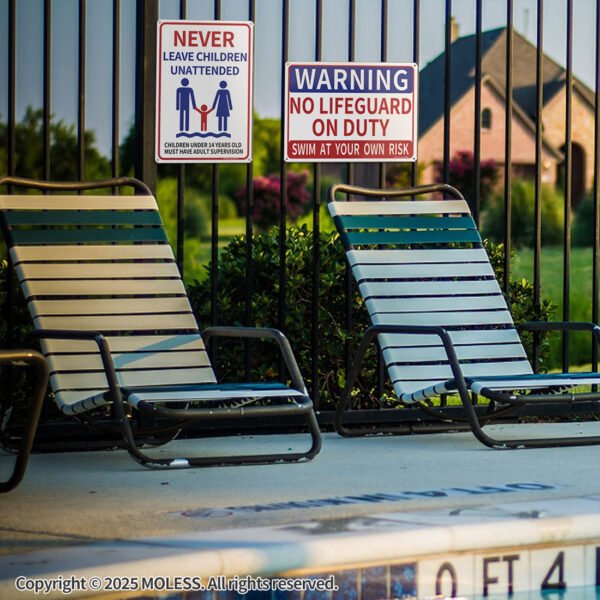 MOLESS 2 Pack 14x10 Inches Pool Safety Sign Bundle, "Never Leave Children Unattended" & "Warning: No Lifeguard on Duty" - 图片 7