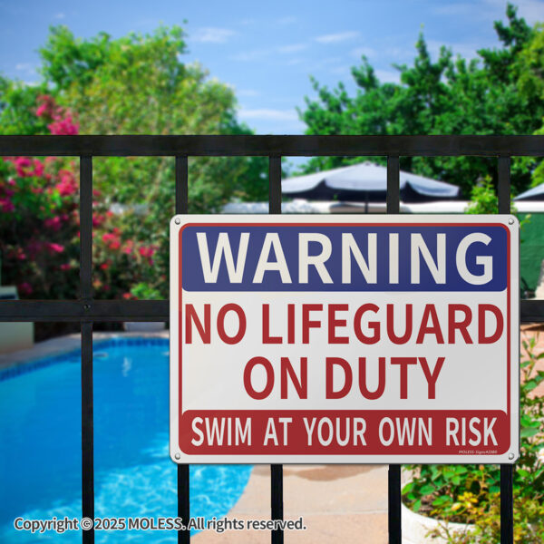 MOLESS 2 Pack 14x10 Inches Pool Safety Sign Bundle, "Never Leave Children Unattended" & "Warning: No Lifeguard on Duty" - 图片 5