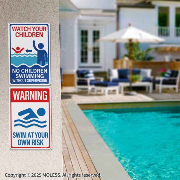 MOLESS 2 Pack 12x8 Inch Pool Safety Warning Signs, Watch Your Children & Swim at Your Own Risk Signs - 图片 3