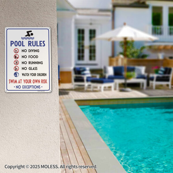 MOLESS 2 Pack 14x10 Inch Pool Rules Signs, No Diving, No Running, Swim at Your Own Risk - 图片 3