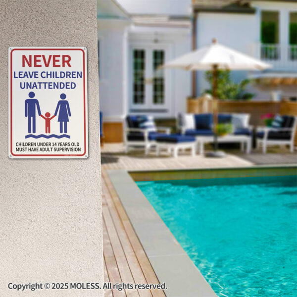 MOLESS 2 Pack 14x10 Inches Pool Safety Sign Bundle, "Never Leave Children Unattended" & "Warning: No Lifeguard on Duty" - 图片 3