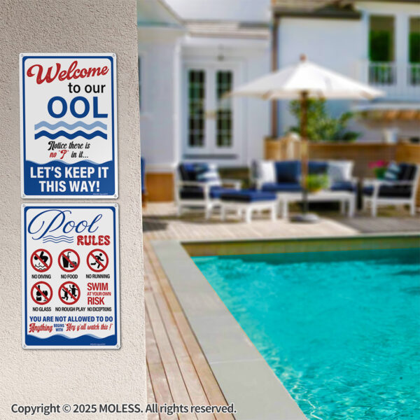 MOLESS 2 Pack 12x8 Inch Funny Pool Rules Signs, "Pool Rules" & "Welcome to Our OOL" Signs - 图片 5
