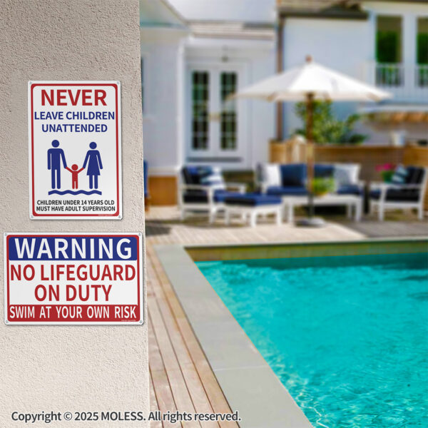 MOLESS  2 Pack 12x8 Inch No Lifeguard on Duty & Child Supervision Pool Signs, PSP-2502 - 图片 3
