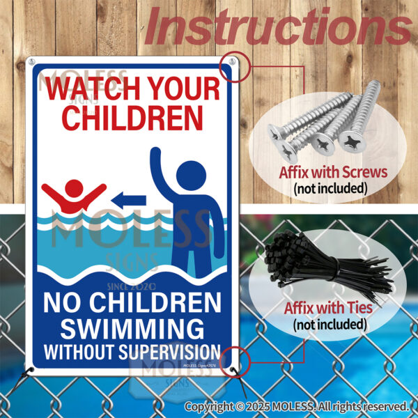 MOLESS 2 Pack 12x8 Inch Pool Safety Warning Signs, Watch Your Children & Swim at Your Own Risk Signs - 图片 4