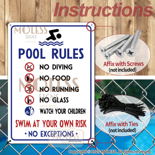 MOLESS 2 Pack 14x10 Inch Pool Rules Signs, No Diving, No Running, Swim at Your Own Risk - 图片 4