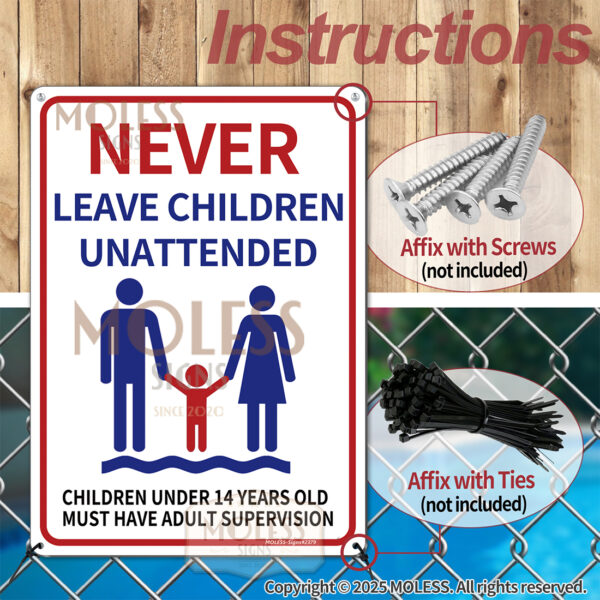 MOLESS 2 Pack 14x10 Inches Pool Safety Sign Bundle, "Never Leave Children Unattended" & "Warning: No Lifeguard on Duty" - 图片 4