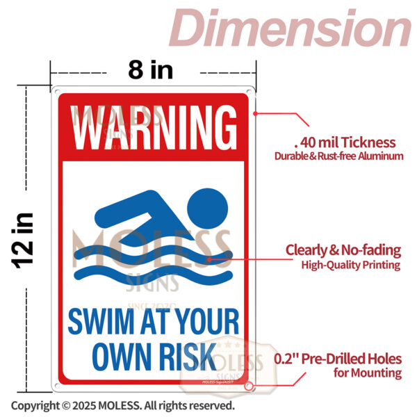 MOLESS 2 Pack 12x8 Inch Pool Safety Warning Signs, Watch Your Children & Swim at Your Own Risk Signs - 图片 2