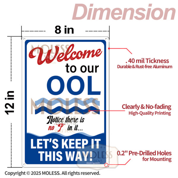 MOLESS 2 Pack 12x8 Inch Funny Pool Rules Signs, "Pool Rules" & "Welcome to Our OOL" Signs - 图片 2