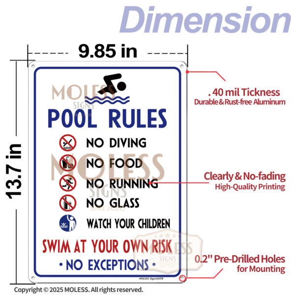 MOLESS 2 Pack 14x10 Inch Pool Rules Signs, No Diving, No Running, Swim at Your Own Risk - 图片 2