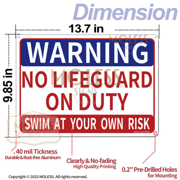 MOLESS 2 Pack 14x10 Inches Pool Safety Sign Bundle, "Never Leave Children Unattended" & "Warning: No Lifeguard on Duty" - 图片 2